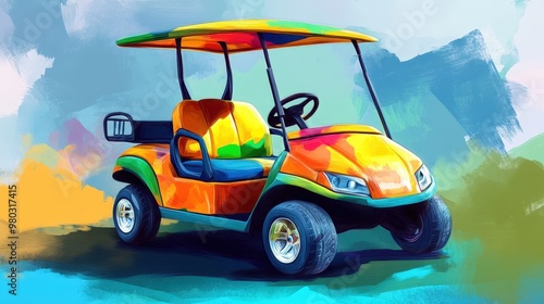 Vibrant golf cart on a colorful background, ideal for leisure activities and outdoor adventures.