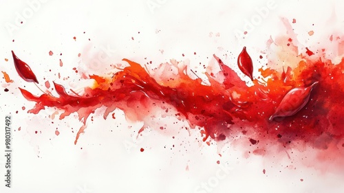 A fluid watercolor chili sauce splash with dynamic motion and soft edges.