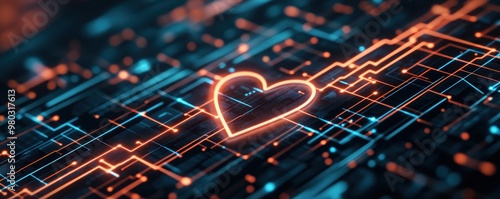 A digital heart symbol intertwined with futuristic circuitry, representing love and technology in harmony.