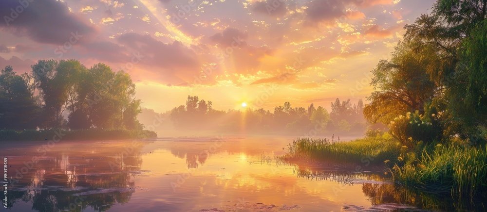 Obraz premium Picturesque View Of Beautiful Sunrise On Riverside Morning Sky