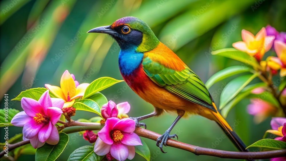 Fototapeta premium Vibrant tropical bird with bright plumage perches on a delicate flower-adorned branch, surrounded by lush green leaves and serene natural ambiance.