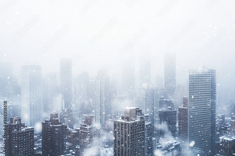 Fototapeta premium A snow-covered cityscape with skyscrapers peeking through the mist, blending urban life with the quietness of winter