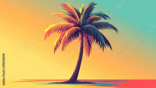 Modern flat design illustration of a coconut tree with bold lines and vibrant colors. photo