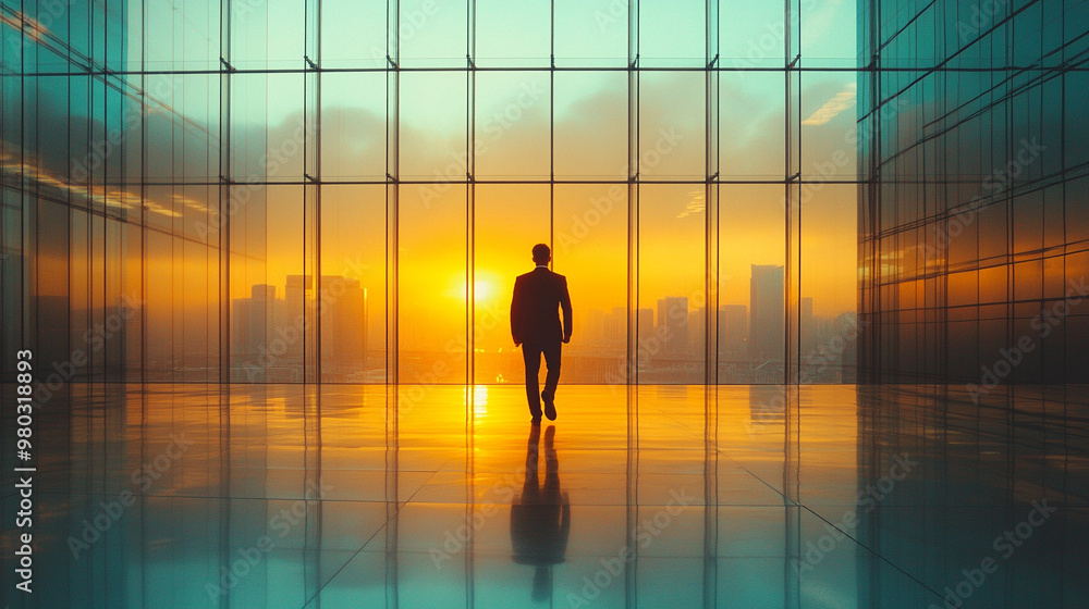 businessman walks through a vast open space, his silhouette outlined against the setting sun. This image symbolizes solitude, determination, and the journey of self-reflection in the corporate world businessman walks through a vast open space, his silhouette outlined against the setting sun. This image symbolizes solitude, determination, and the journey of self-reflection in the corporate world
