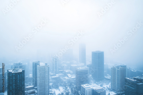 A snow-covered cityscape with skyscrapers peeking through the mist, blending urban life with the quietness of winter