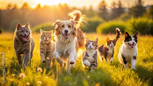 Obraz na płótnie Joyful dogs and cats freely run and play together in a sun-kissed field, their energetic movements and happy expressions capturing pure friendship and outdoor bliss. w salonie