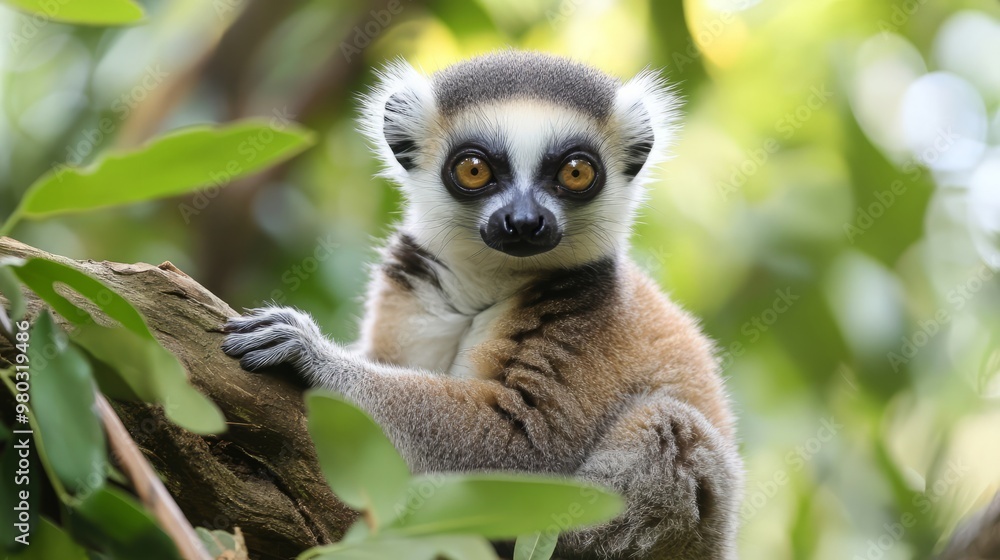 Captivating Lemur Peering from Lush Foliage in Natural Habitat Captivating Lemur Peering from Lush Foliage in Natural Habitat