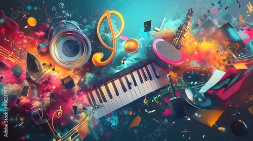 Abstract 2D background with music symbols, treble clefs, and instruments creating a dynamic classroom environment, hyper-real, sharp images, high quality