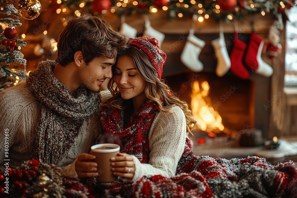 couple drinking hot cocoa in christmas couple drinking hot cocoa in christmas