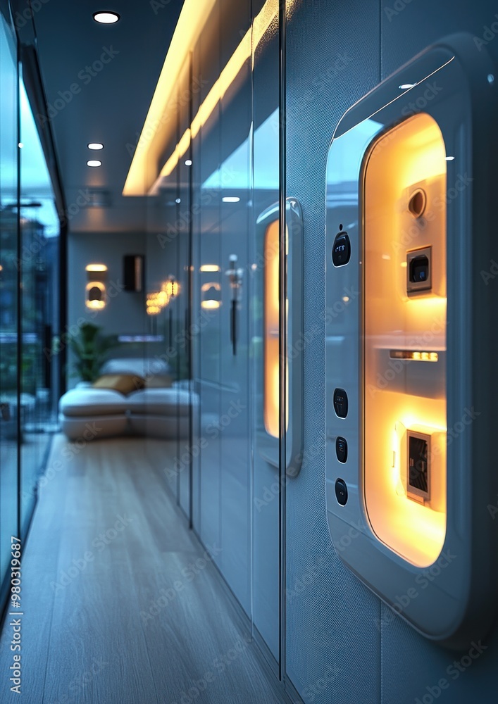 Modern hallway with illuminated wall panels and sleek design. Modern hallway with illuminated wall panels and sleek design.
