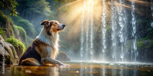 A serene canine enjoying a refreshing moment as gentle mist of water cascades down its fur, set against a stunning high-definition background. photo