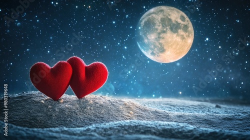 Two Soft Hearts In Front Of Full Moon On Hill With Starry Sky Background - Valentine's Day Concept with generative ai