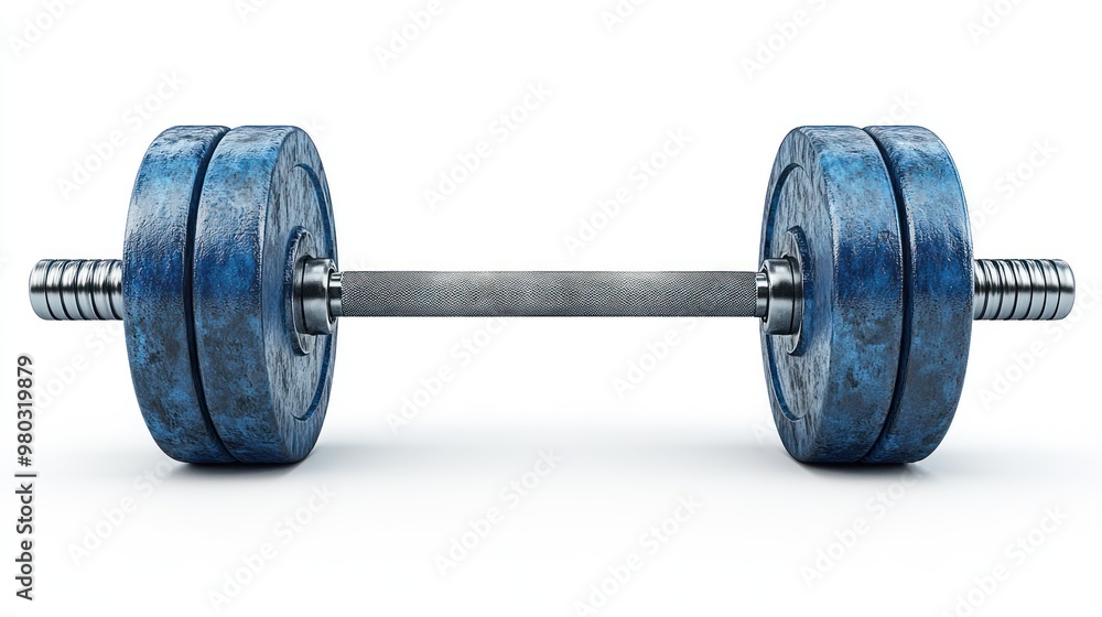 Fototapeta premium A close-up view of a barbell with blue weights for fitness training.