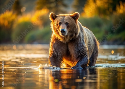 A large brown bear wades into calm river waters, its paws gently ruffling the surface, as it searches for fish beneath the shimmering sunlight. photo