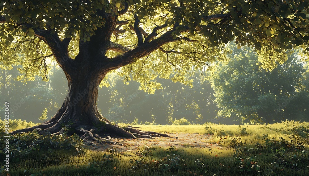 Fototapeta premium A majestic oak tree stands tall in a sun-drenched forest clearing, its gnarled roots reaching out like welcoming arms.