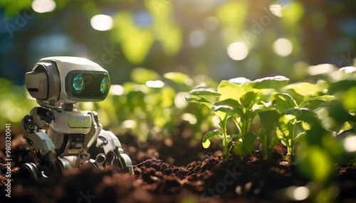 A small, advanced robot carefully tends to young plants in a brightly lit greenhouse, embodying the future of agriculture. The scene showcases technology