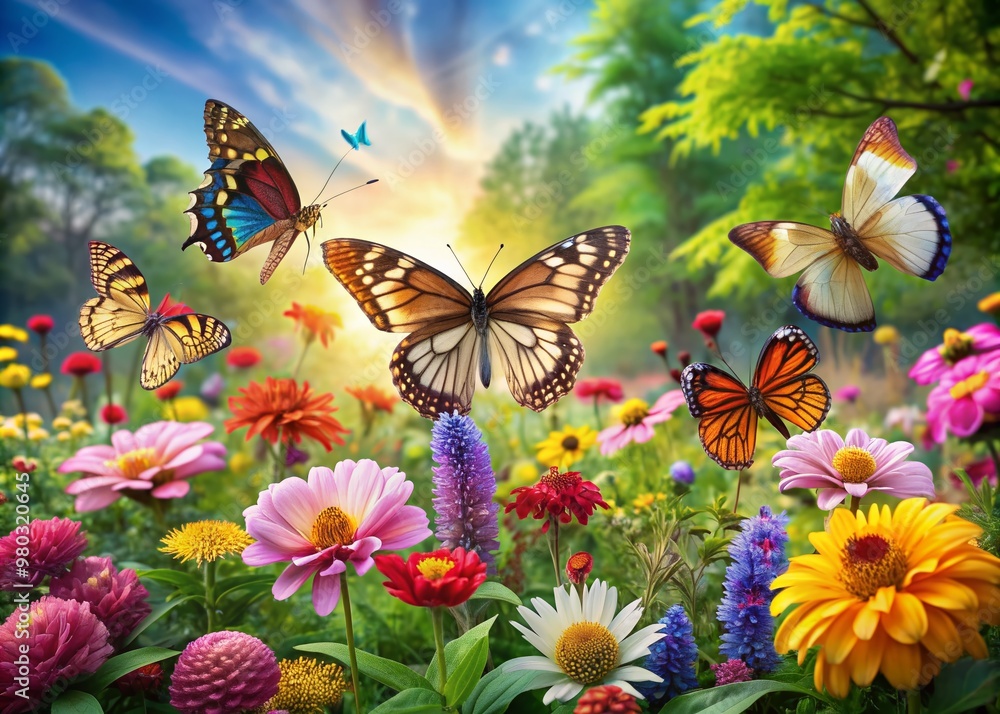 Vibrant butterflies flutter around a colorful flower bed, surrounded by lush greenery, delicate petals, and lively blooms, creating a serene and natural outdoor atmosphere. Vibrant butterflies flutter around a colorful flower bed, surrounded by lush greenery, delicate petals, and lively blooms, creating a serene and natural outdoor atmosphere.