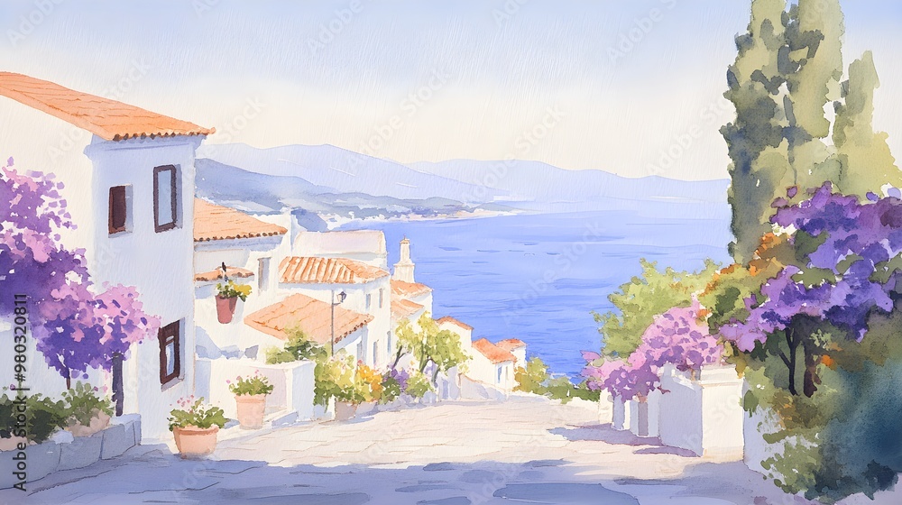 Fototapeta premium Colorful coastal village at twilight, cobblestone street winding down to a serene ocean, rendered in vibrant watercolor with subtle oil painting textures