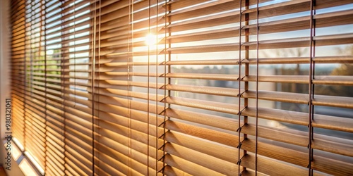 Close-up of window blinds with pull cord and partially broken slats creating unique light and shadow patterns