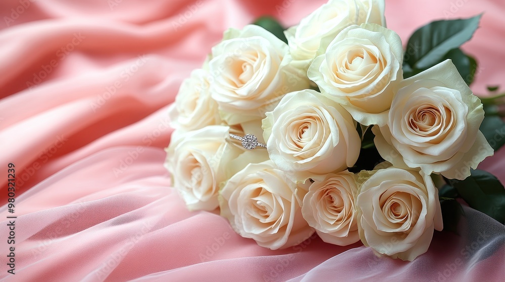 Obraz premium Elegant Bouquet of White Roses with Diamond Ring on Pink Background, Veil in Foreground – Wedding Card Design Template