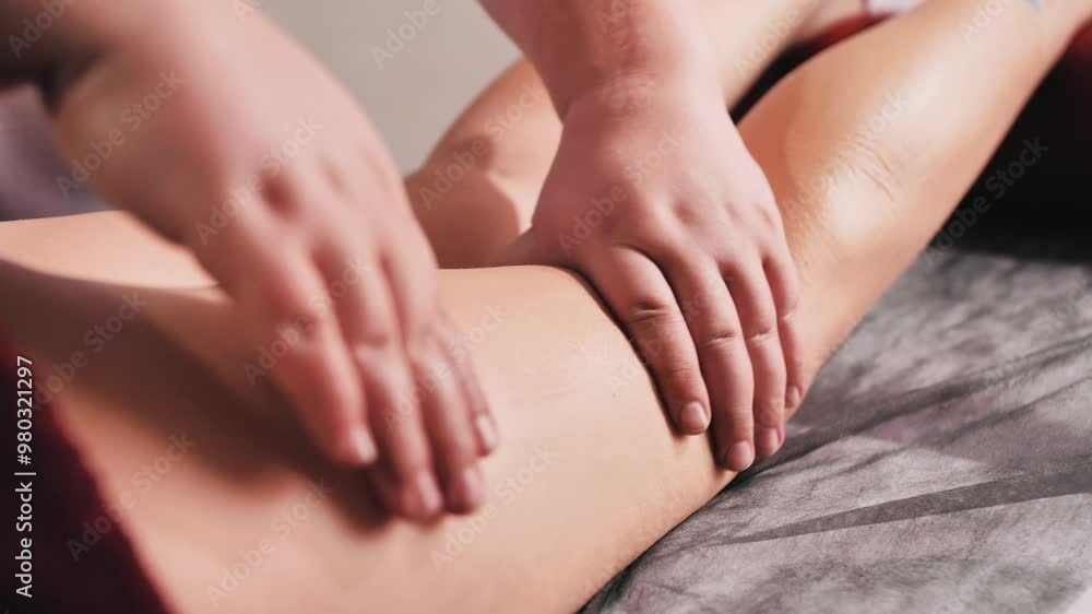 Hands of therapist massaging woman's thigh in health center, spa salon. Beauty and health concept, anti-cellulite massage Hands of therapist massaging woman's thigh in health center, spa salon. Beauty and health concept, anti-cellulite massage