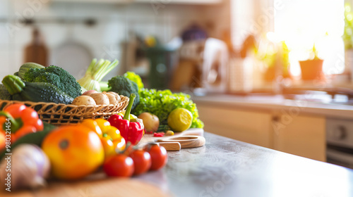 Close-up of vibrant fresh fruits and vegetables arranged in a balanced layout on a wooden table, symbolizing healthy gut nutrition and natural wellness.