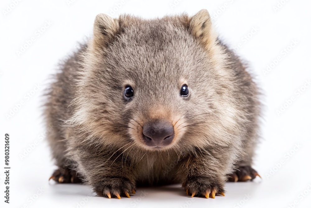 Obraz premium Adorable wild wombat with soft fluffy fur and endearing expression, showcasing unique features, isolated on a clean white background for maximum visibility.