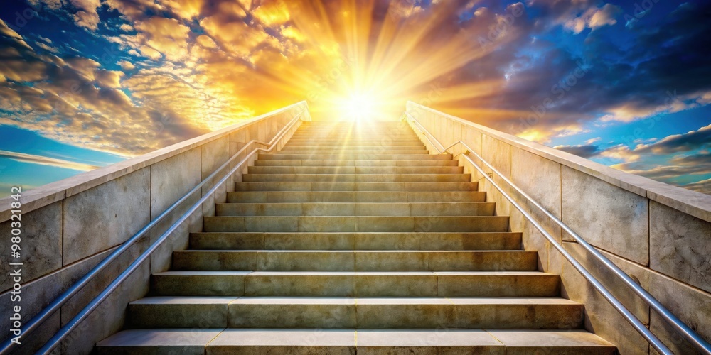Majestic image of a stairway leading up towards the bright sun, ascent, steps, staircase, climb, journey, achievement, success, goal Majestic image of a stairway leading up towards the bright sun, ascent, steps, staircase, climb, journey, achievement, success, goal