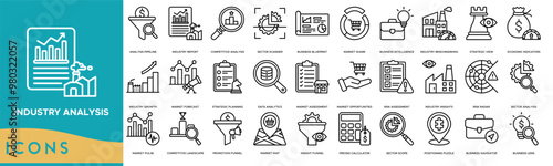 Industry analysis icon. Analysis Pipeline, Industry Report, Competitive Analysis, Sector Scanner and Business Blueprint