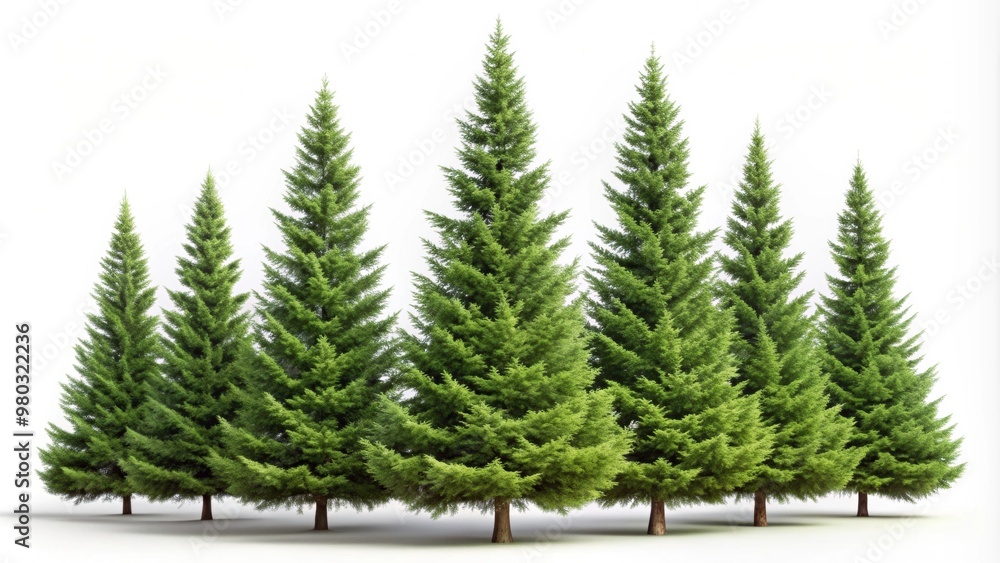 Obraz premium Groups of conifer trees isolated on background, conifer, trees, forest, nature, pine, evergreen, isolated,background