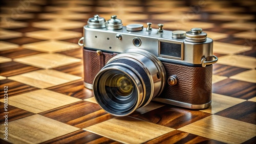 Vintage rangefinder camera resting on a chessboard , antique, photography, retro, classic, vintage, rangefinder photo