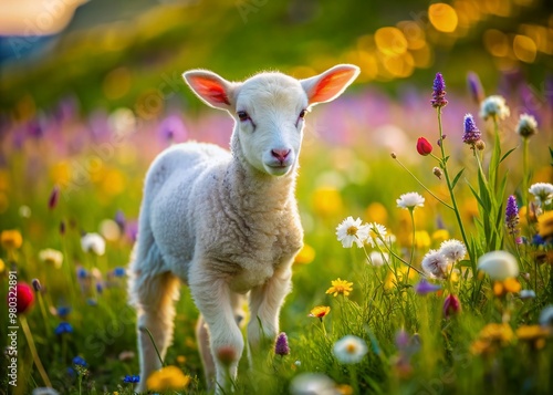 Adorable lamb grazes peacefully in a vibrant, colorful meadow filled with blooming wildflowers, surrounded by lush green grass and a serene natural atmosphere. photo