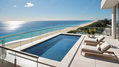 Balcony with pool and sea view Generative AI