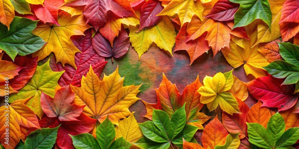 Fototapeta premium Close up of vibrant autumn leaves creating a colorful pattern , autumn, leaves, colorful, background, foliage, nature