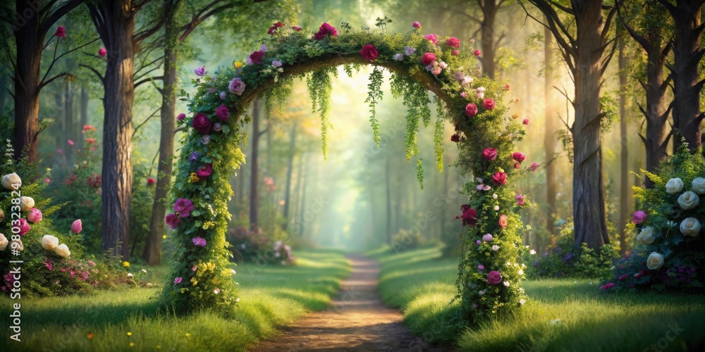Fototapeta premium Enchanting floral archway in a lush forest setting, perfect for fairy-tale themed designs, Fairy tale, Archway