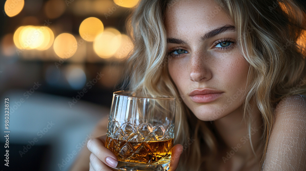 woman gazes down while holding a glass of whiskey, symbolizing emotional turmoil, depression, and the struggles of coping with inner conflict and life's hardships woman gazes down while holding a glass of whiskey, symbolizing emotional turmoil, depression, and the struggles of coping with inner conflict and life's hardships
