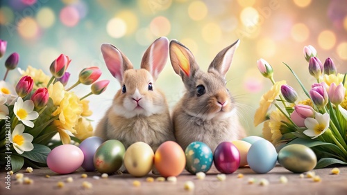 Wallpaper Mural Adorable bunnies surrounded by Easter eggs and vibrant spring flowers sit on a soft pastel background with creamy bokeh and gentle color palette. Torontodigital.ca