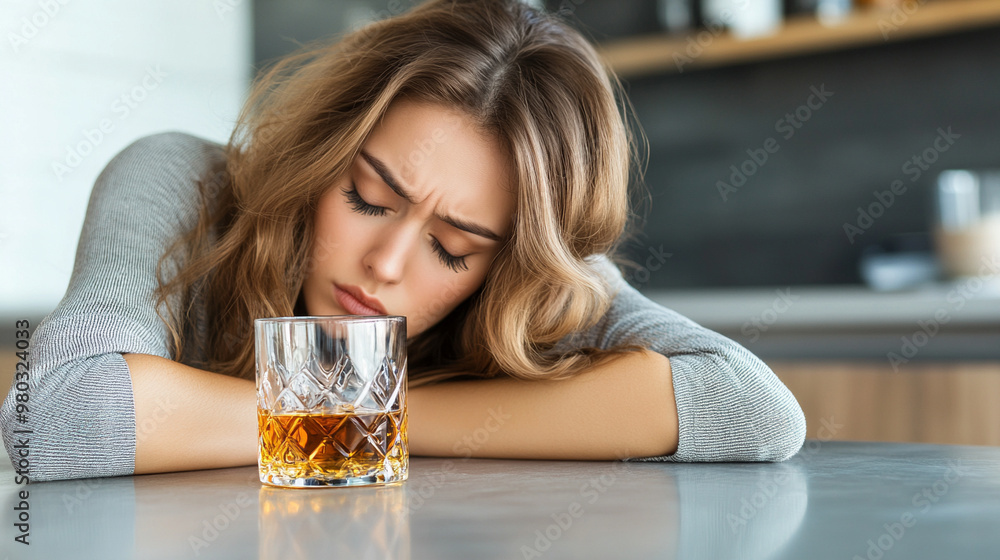 woman gazes down while holding a glass of whiskey, symbolizing emotional turmoil, depression, and the struggles of coping with inner conflict and life's hardships woman gazes down while holding a glass of whiskey, symbolizing emotional turmoil, depression, and the struggles of coping with inner conflict and life's hardships