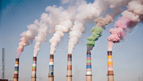 Smokestacks Releasing Colorful Smoke into Sky Environmental Impact