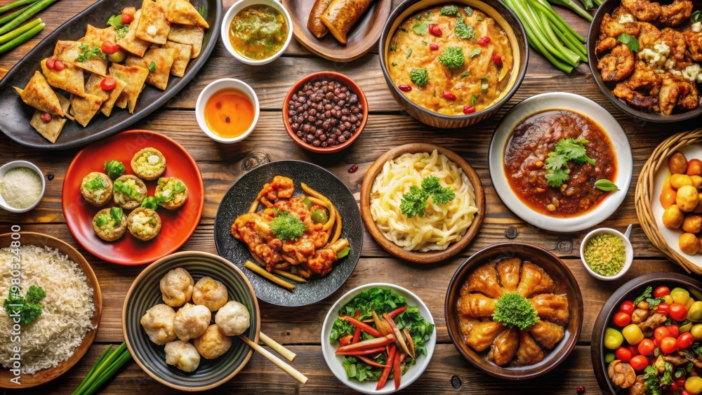 Stunning image of a variety of delicious pan-Asian cuisine dishes in a Chinese restaurant setting, Pan-Asian, Chinese, cuisine Stunning image of a variety of delicious pan-Asian cuisine dishes in a Chinese restaurant setting, Pan-Asian, Chinese, cuisine