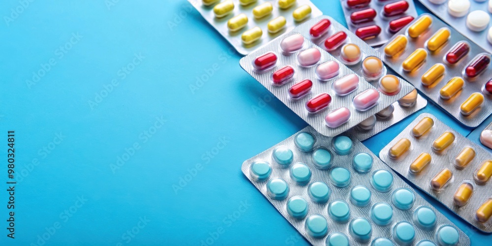 Pharmaceutical medication and medicine pills in packs on blue table , medication, pharmaceutical, pills Pharmaceutical medication and medicine pills in packs on blue table , medication, pharmaceutical, pills