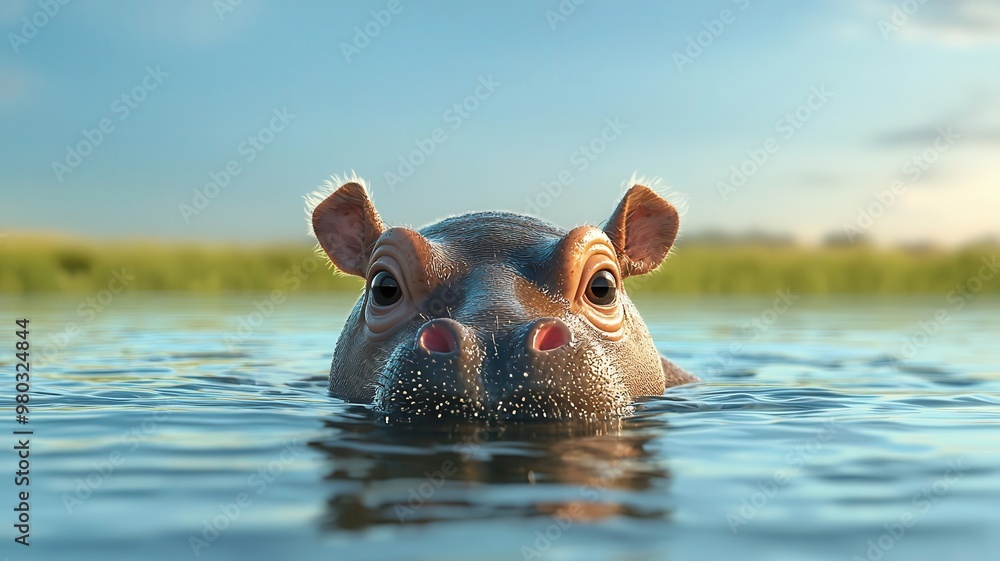 Cute baby pygmy hippo, splashing in a pond, 3D illustration