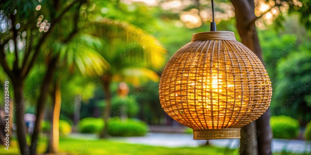 Fototapeta premium Lampion lamp hanging from woven bamboo in public park, Lampion, lamp, bamboo, tree, public park, hanging, decorative