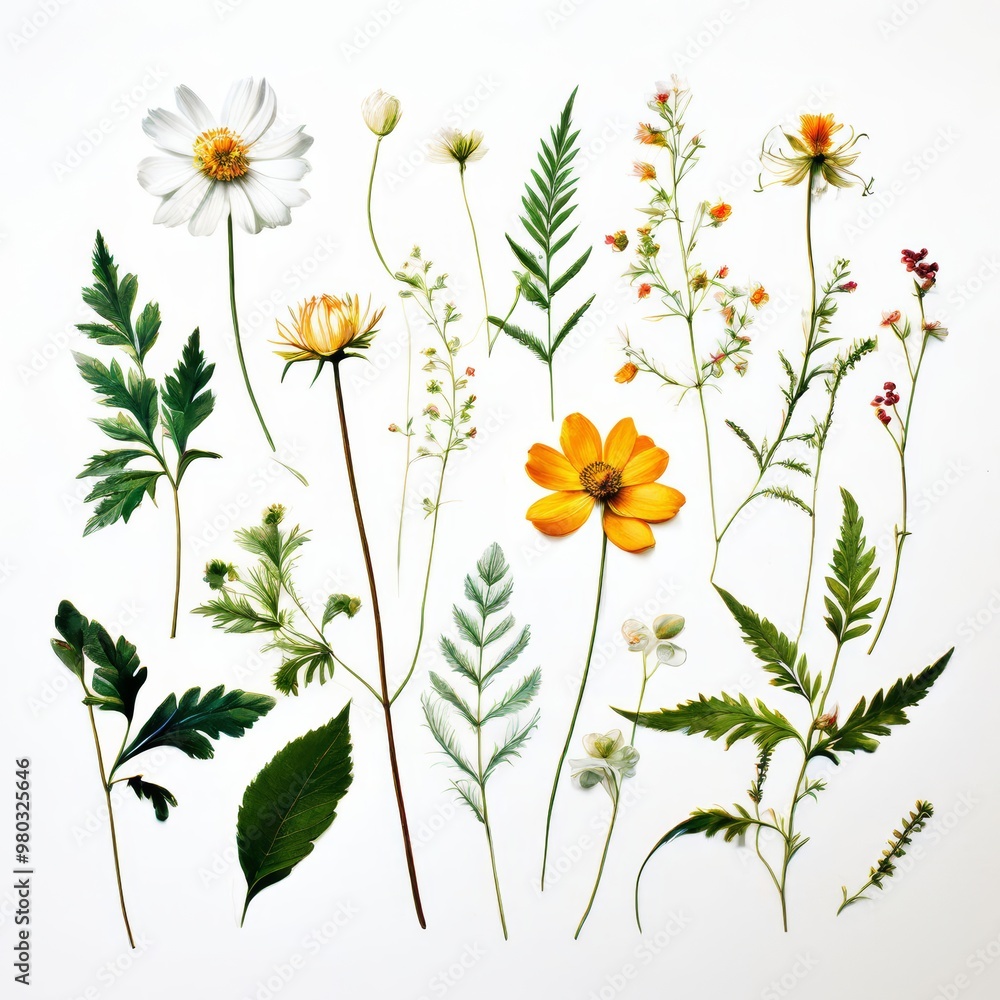 Botanical study on a white background - flowers and leaves Botanical study on a white background - flowers and leaves