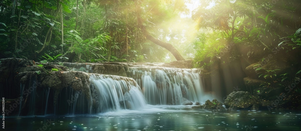 Natural Waterfall In Tropical Forest In Rainy Season Of Wet Wild Tree Forest Photo With Soft Focus With Light Adding For Beautiful Scene Natural Waterfall In Tropical Forest In Rainy Season Of Wet Wild Tree Forest Photo With Soft Focus With Light Adding For Beautiful Scene