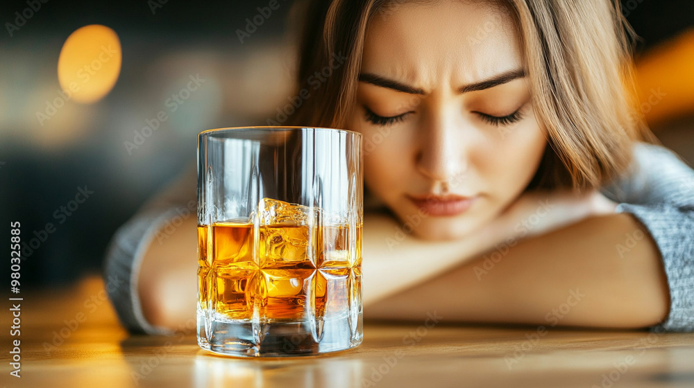 woman gazes down while holding a glass of whiskey, symbolizing emotional turmoil, depression, and the struggles of coping with inner conflict and life's hardships woman gazes down while holding a glass of whiskey, symbolizing emotional turmoil, depression, and the struggles of coping with inner conflict and life's hardships