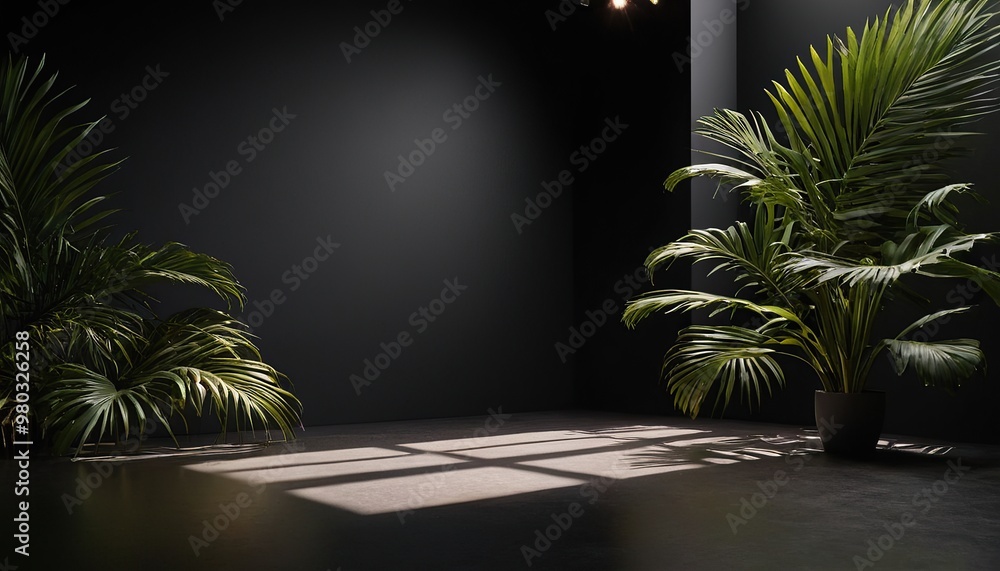 Fototapeta premium Dark minimalist room with plants and shadows 31