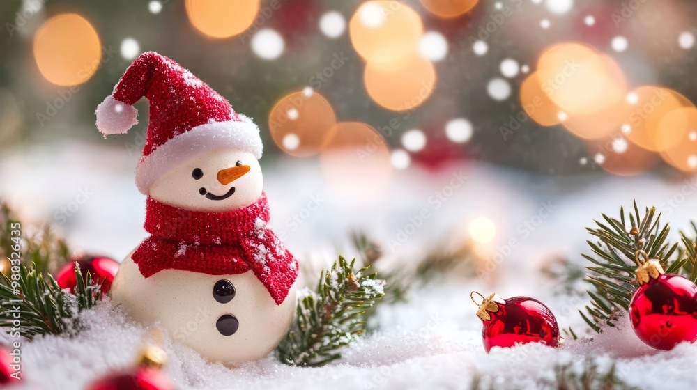 Cheerful Snowman in Snowy Winter Wonderland with Festive and Twinkling Lights Cheerful Snowman in Snowy Winter Wonderland with Festive and Twinkling Lights