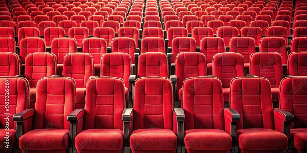 Naklejka premium Red cinema seats in a theater setting, theater, cinema, seats, red, background, entertainment, movie, film, audience, interior
