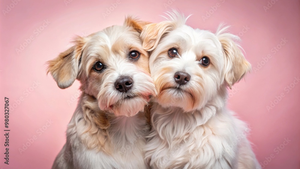 Two adorable dogs embracing each other on a soft pink background , dogs, hugging, affectionate, embrace, cute, pets, animals Two adorable dogs embracing each other on a soft pink background , dogs, hugging, affectionate, embrace, cute, pets, animals